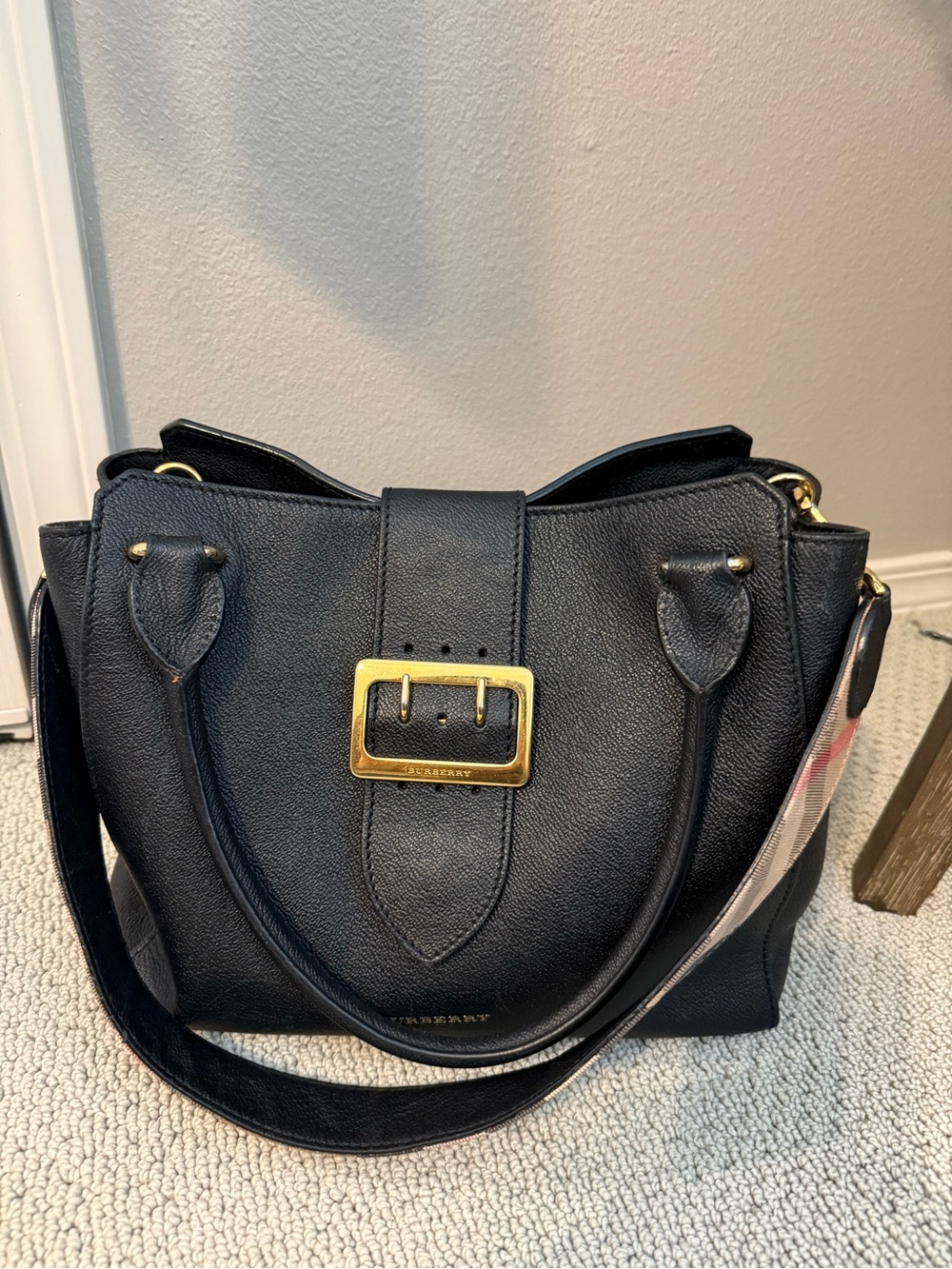 Burberry Black Leather Shoulder Bag with Gold Buckle